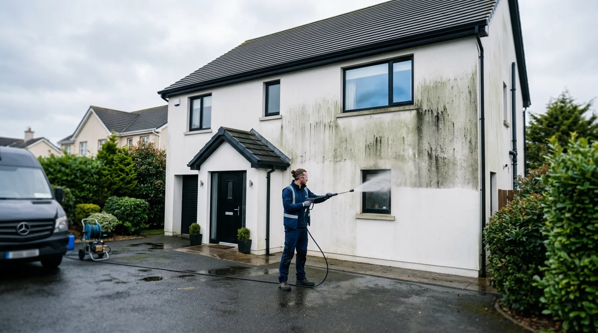 A rendered house wall being softwashed clean across Northern Ireland